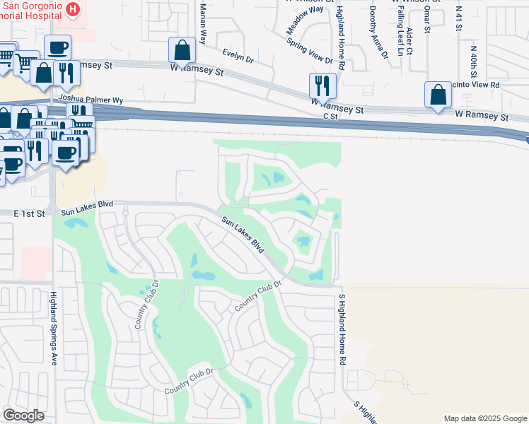 map of restaurants, bars, coffee shops, grocery stores, and more near 588 Twin Hills Drive in Banning