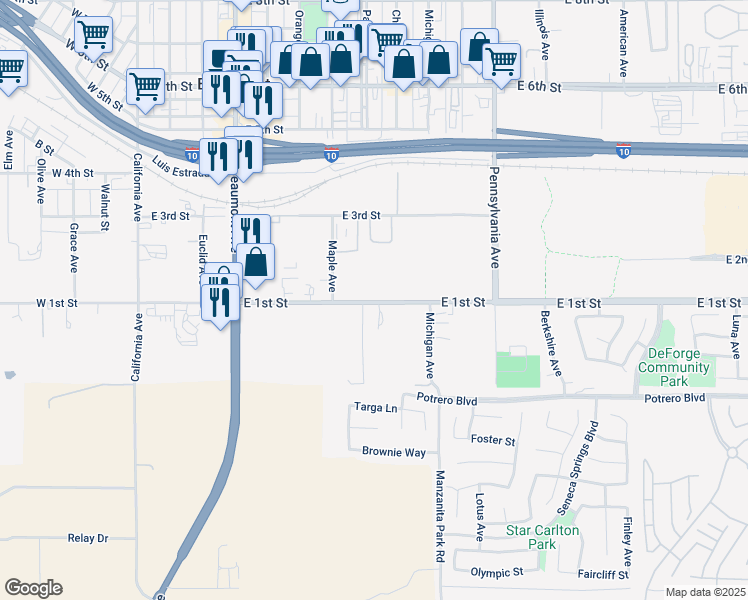 map of restaurants, bars, coffee shops, grocery stores, and more near 383 Song Bird in Beaumont
