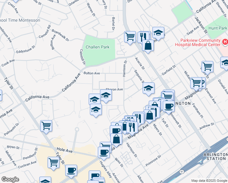 map of restaurants, bars, coffee shops, grocery stores, and more near 9810 Sharon Avenue in Riverside