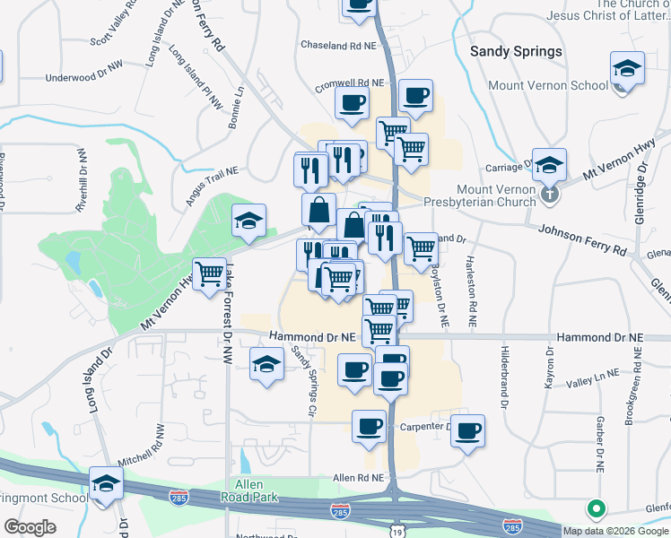 map of restaurants, bars, coffee shops, grocery stores, and more near 6105 Blue Stone Road in Sandy Springs