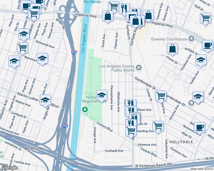 map of restaurants, bars, coffee shops, grocery stores, and more near 11384 Idaho Avenue in South Gate