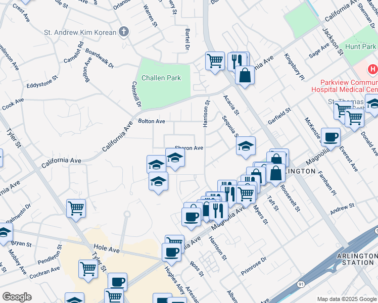 map of restaurants, bars, coffee shops, grocery stores, and more near 9810 Sharon Avenue in Riverside