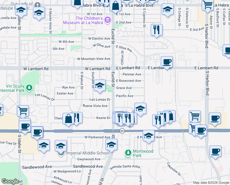 map of restaurants, bars, coffee shops, grocery stores, and more near 831 South Euclid Street in La Habra