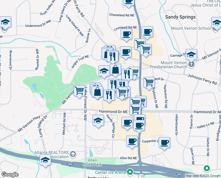 map of restaurants, bars, coffee shops, grocery stores, and more near 6150 Sandy Springs Circle in Sandy Springs