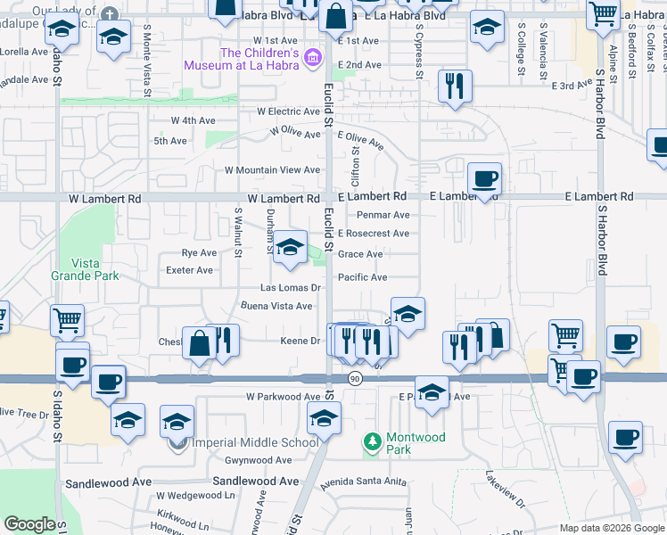 map of restaurants, bars, coffee shops, grocery stores, and more near 850 South Euclid Street in La Habra