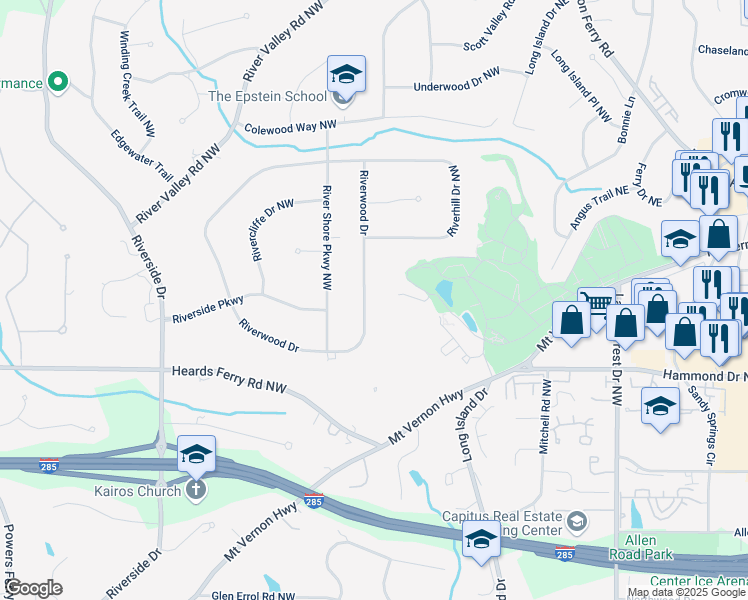 map of restaurants, bars, coffee shops, grocery stores, and more near 5860 Riverwood Drive Northwest in Atlanta