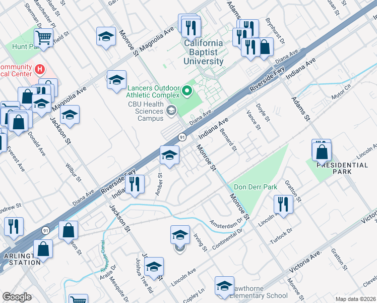 map of restaurants, bars, coffee shops, grocery stores, and more near 8717 Indiana Avenue in Riverside