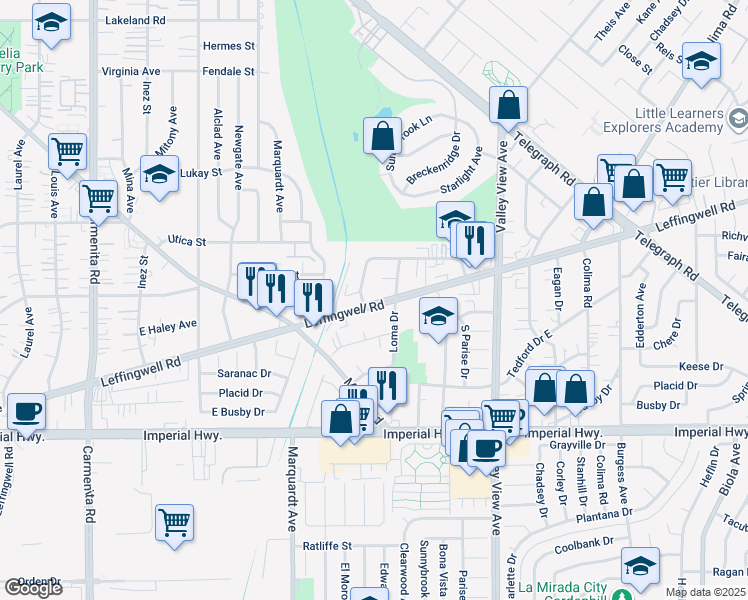 map of restaurants, bars, coffee shops, grocery stores, and more near 13927 Coteau Drive in Whittier