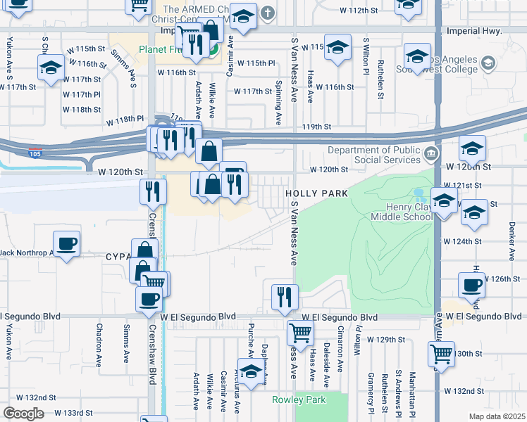 map of restaurants, bars, coffee shops, grocery stores, and more near 12029 Stanley Park Court in Hawthorne