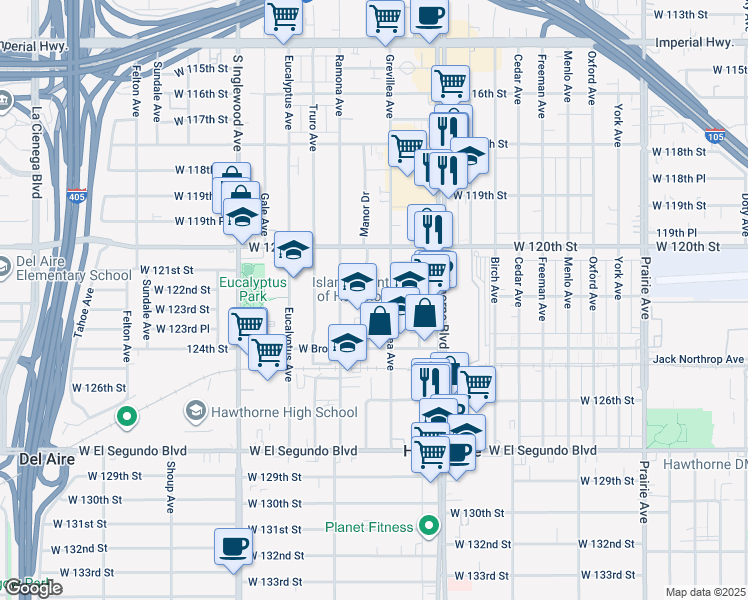 map of restaurants, bars, coffee shops, grocery stores, and more near 12111 Manor Drive in Hawthorne