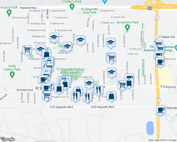map of restaurants, bars, coffee shops, grocery stores, and more near 709 East Pine Avenue in El Segundo