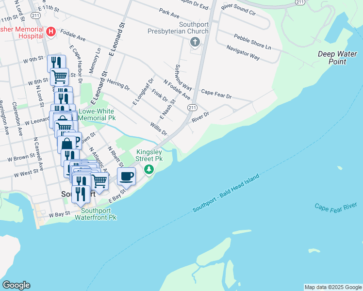 map of restaurants, bars, coffee shops, grocery stores, and more near 712 East Moore Street in Southport