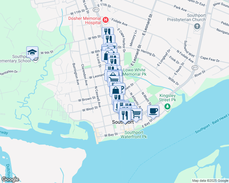 map of restaurants, bars, coffee shops, grocery stores, and more near 105 West George Street in Southport