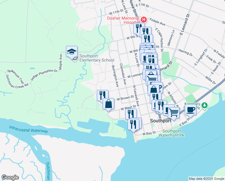 map of restaurants, bars, coffee shops, grocery stores, and more near 504 Burrington Ave in Southport