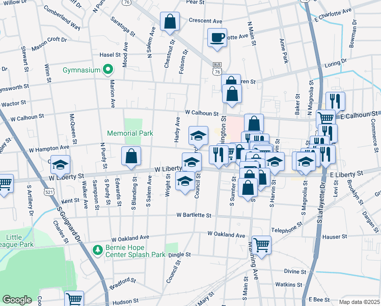 map of restaurants, bars, coffee shops, grocery stores, and more near 106 Church Street in Sumter
