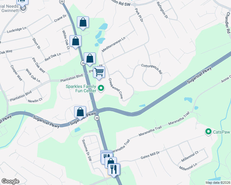 map of restaurants, bars, coffee shops, grocery stores, and more near 1201 Creekwood Cove in Lawrenceville