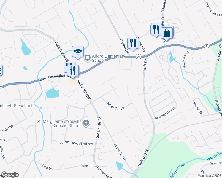 map of restaurants, bars, coffee shops, grocery stores, and more near 210 Kings Court Northwest in Lawrenceville