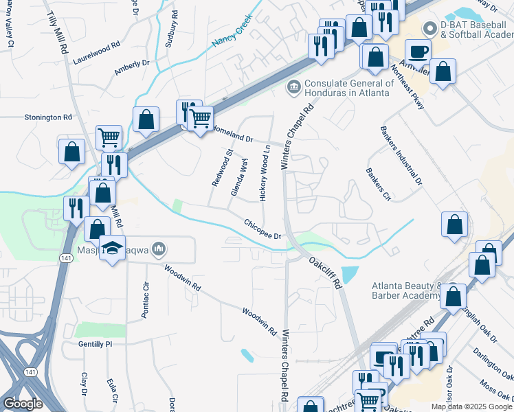 map of restaurants, bars, coffee shops, grocery stores, and more near 4351 Hickory Wood Lane in Atlanta