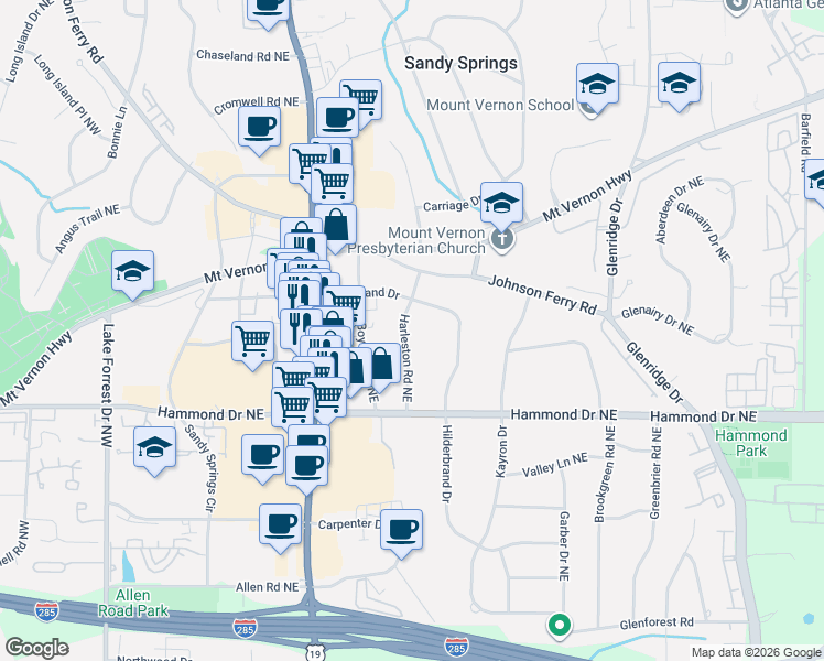 map of restaurants, bars, coffee shops, grocery stores, and more near 373 Hilderbrand Drive in Atlanta