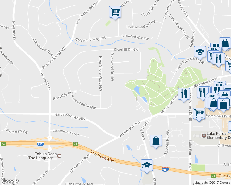 map of restaurants, bars, coffee shops, grocery stores, and more near 5860 Riverwood Drive in Atlanta