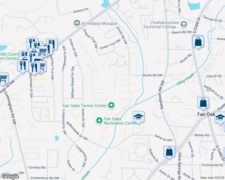 map of restaurants, bars, coffee shops, grocery stores, and more near 1260 Scripps Court Southwest in Marietta