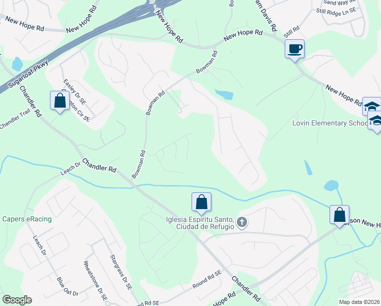 map of restaurants, bars, coffee shops, grocery stores, and more near 1498 Bowman Road in Lawrenceville