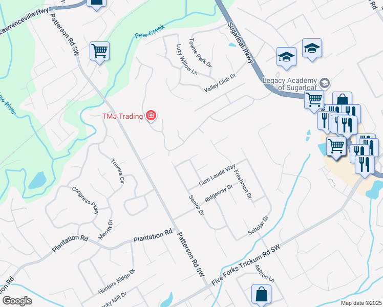map of restaurants, bars, coffee shops, grocery stores, and more near 1661 Junior Trail in Lawrenceville