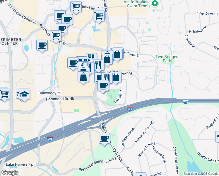 map of restaurants, bars, coffee shops, grocery stores, and more near 1 Ravinia Drive Northeast in Dunwoody