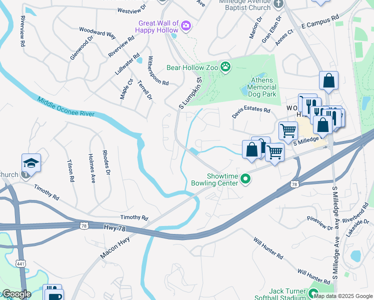 map of restaurants, bars, coffee shops, grocery stores, and more near 2357 South Lumpkin Street in Athens