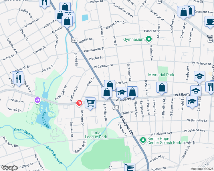 map of restaurants, bars, coffee shops, grocery stores, and more near 103 North Guignard Drive in Sumter