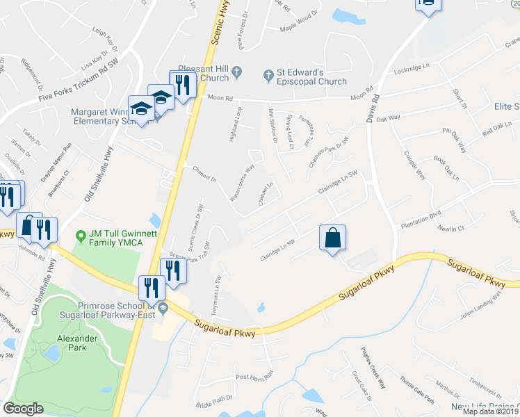 map of restaurants, bars, coffee shops, grocery stores, and more near 891 Channel Drive in Lawrenceville