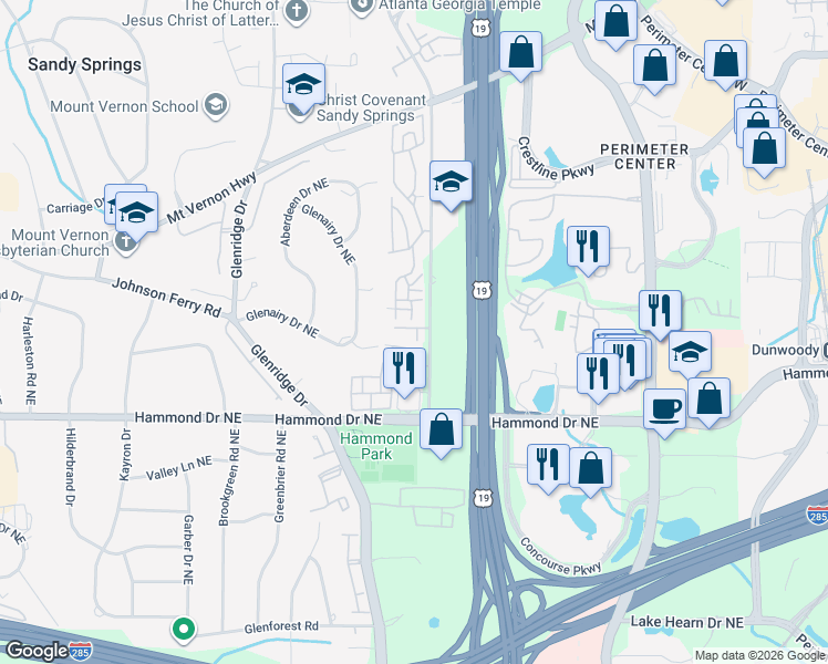 map of restaurants, bars, coffee shops, grocery stores, and more near 6118 Barfield Road in Atlanta