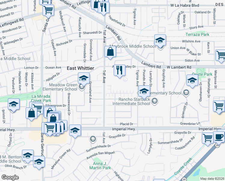 map of restaurants, bars, coffee shops, grocery stores, and more near 16235 Cameo Court in Whittier