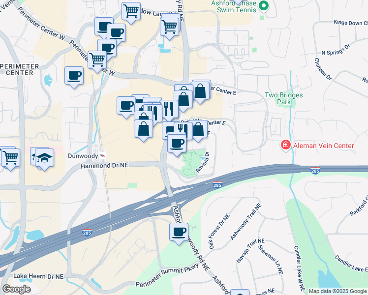 map of restaurants, bars, coffee shops, grocery stores, and more near 1 Ravinia Drive Northeast in Dunwoody