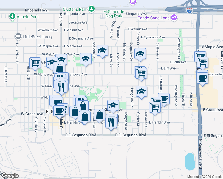 map of restaurants, bars, coffee shops, grocery stores, and more near 430 Sierra Street in El Segundo