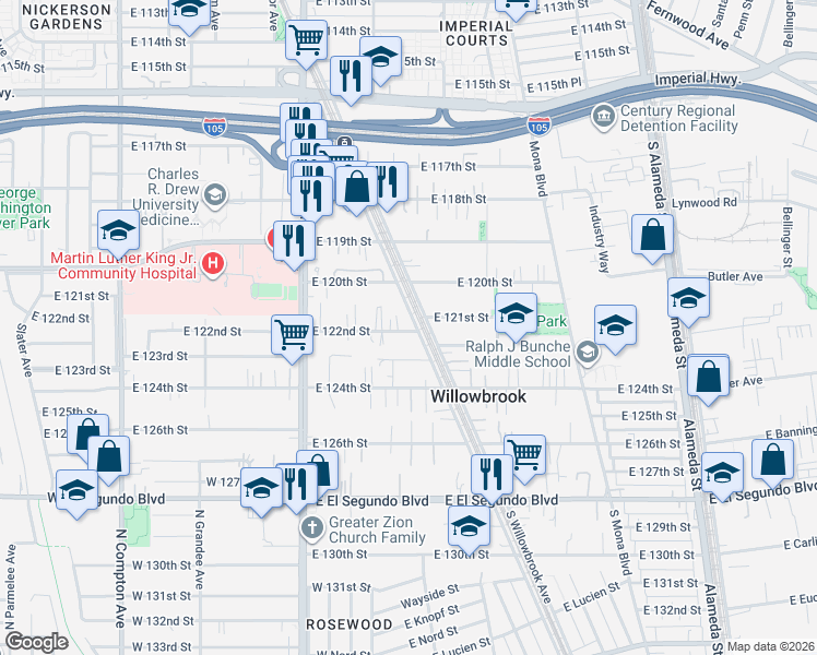 map of restaurants, bars, coffee shops, grocery stores, and more near 12022 South Willowbrook Avenue in Compton