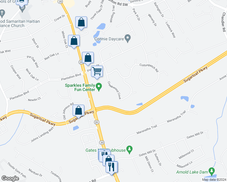 map of restaurants, bars, coffee shops, grocery stores, and more near 1201 Creekwood Cove in Lawrenceville