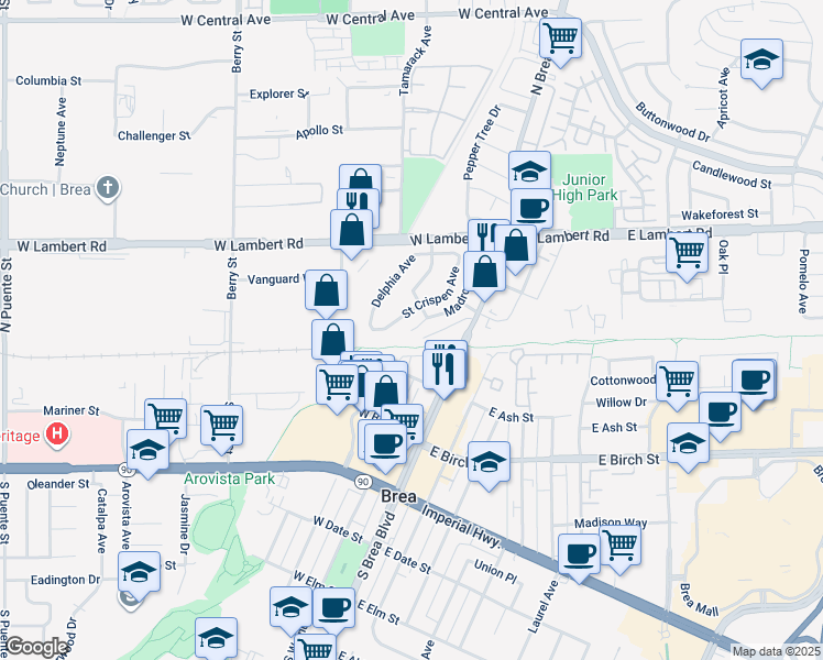 map of restaurants, bars, coffee shops, grocery stores, and more near 189 North Madrona Avenue in Brea