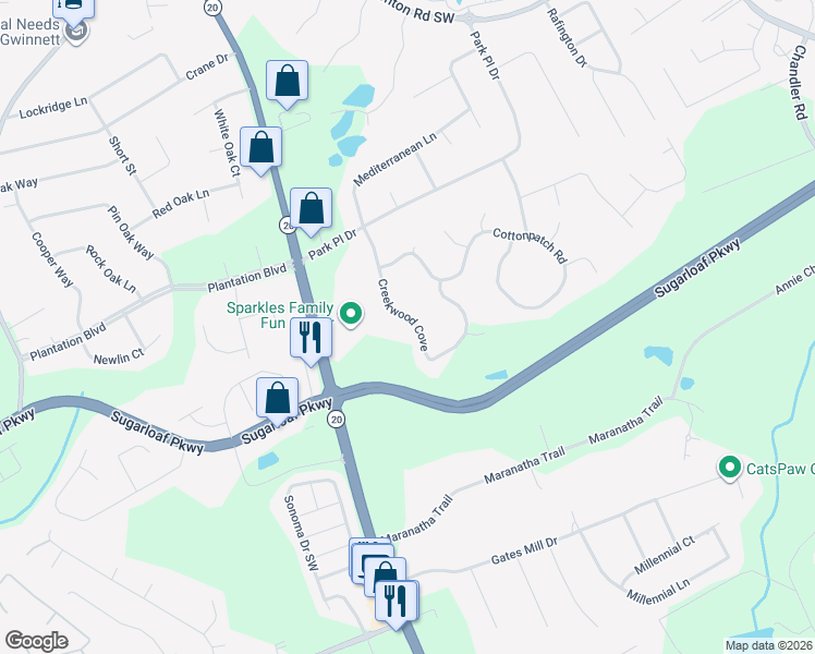 map of restaurants, bars, coffee shops, grocery stores, and more near 1201 Creekwood Cove in Lawrenceville