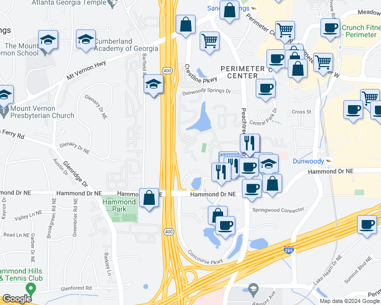 map of restaurants, bars, coffee shops, grocery stores, and more near 24 Dunwoody Springs Drive in Atlanta