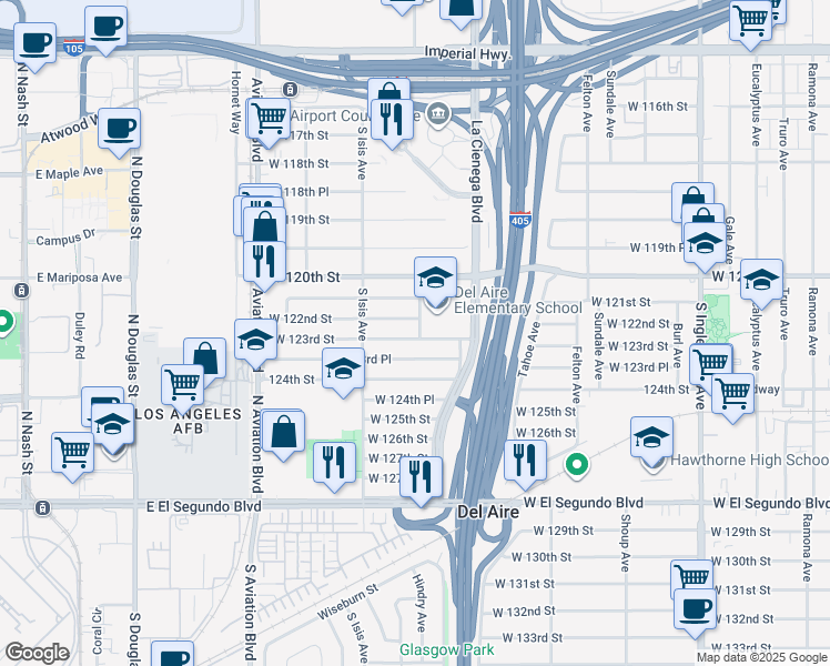 map of restaurants, bars, coffee shops, grocery stores, and more near 12215 Hindry Avenue in Hawthorne