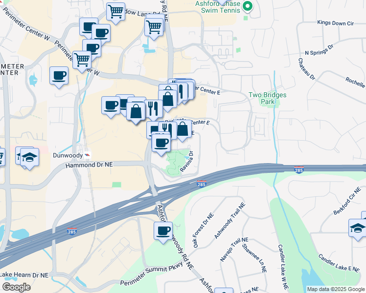 map of restaurants, bars, coffee shops, grocery stores, and more near 2 Ravinia Drive Northeast in Atlanta