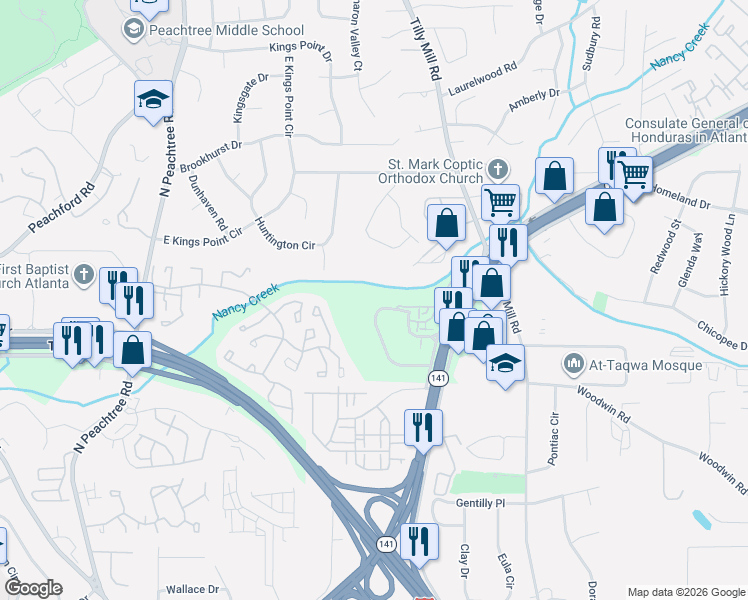 map of restaurants, bars, coffee shops, grocery stores, and more near 2472 Ridgeway Drive in Doraville