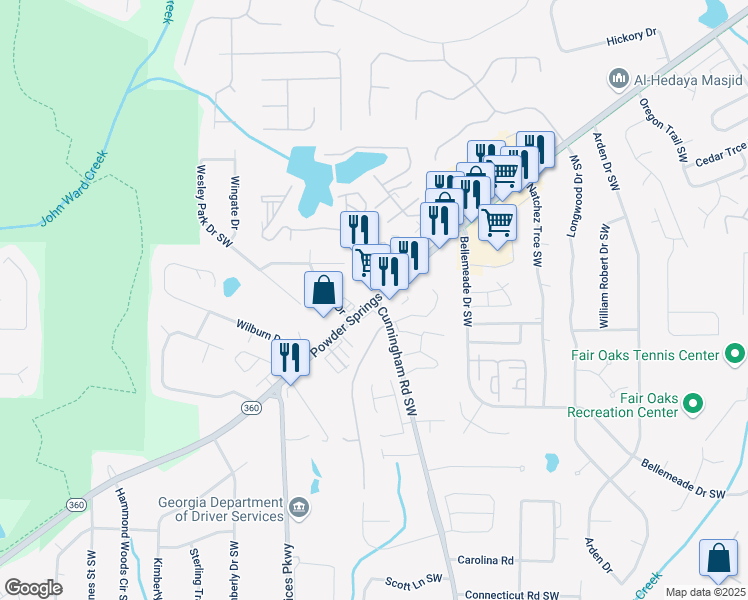 map of restaurants, bars, coffee shops, grocery stores, and more near Powder Springs St SW & Cunningham Rd SW in Marietta
