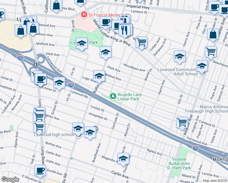 map of restaurants, bars, coffee shops, grocery stores, and more near 3871 Cortland Street in Lynwood