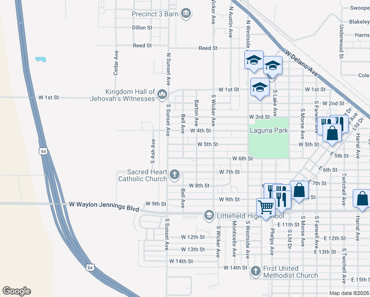 map of restaurants, bars, coffee shops, grocery stores, and more near 1215 West 5th Street in Littlefield