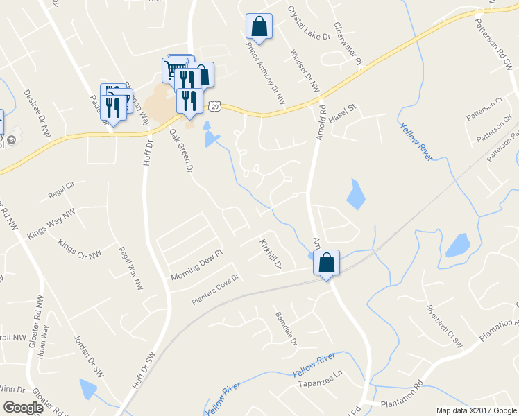 map of restaurants, bars, coffee shops, grocery stores, and more near 2447 Stancrest Lane in Lawrenceville