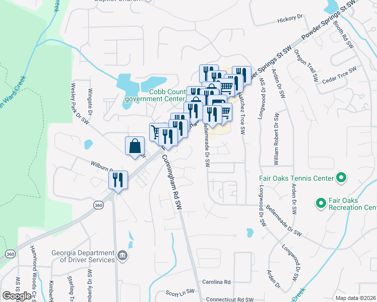 map of restaurants, bars, coffee shops, grocery stores, and more near 1275 Cunningham Road Southwest in Marietta