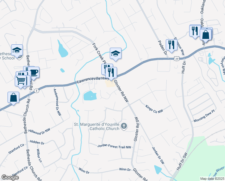 map of restaurants, bars, coffee shops, grocery stores, and more near 2741 Valley Spring Drive in Lawrenceville