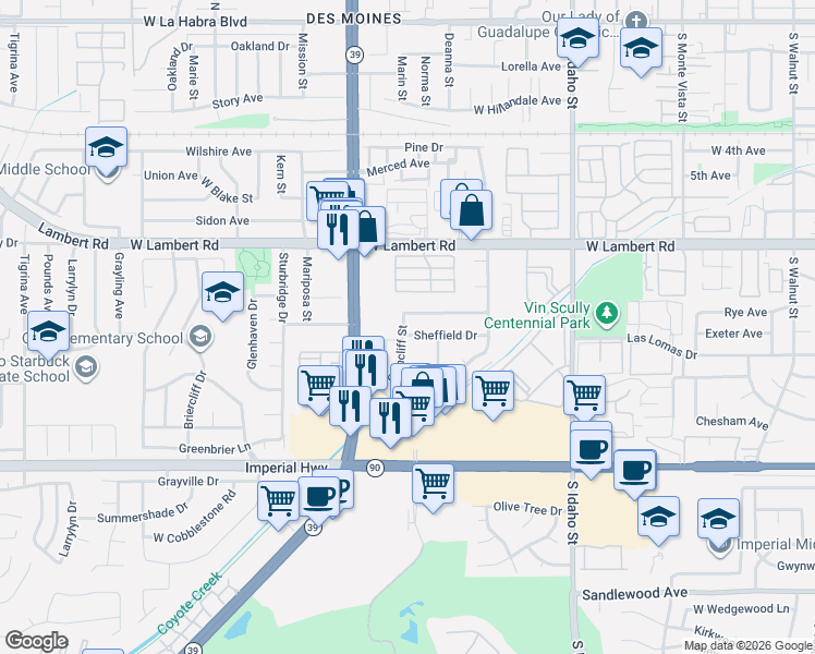 map of restaurants, bars, coffee shops, grocery stores, and more near 1731 Sheffield Drive in La Habra